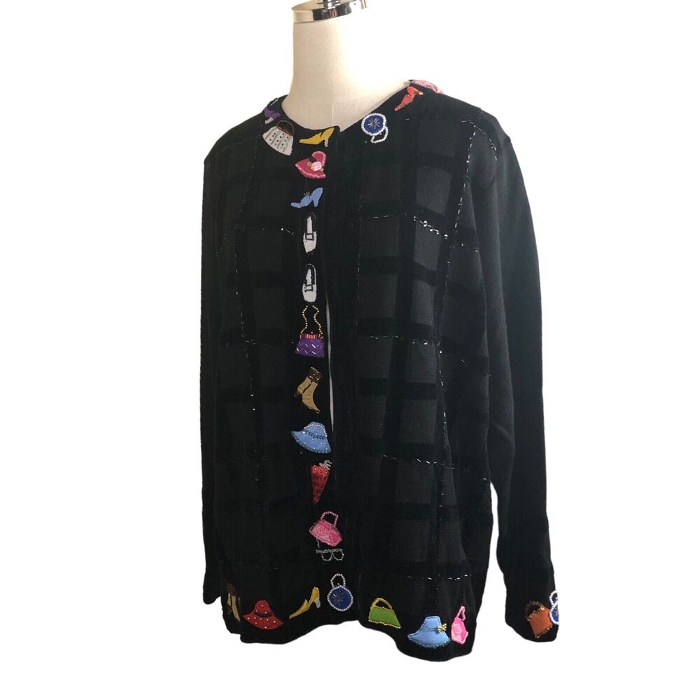 Vintage Berek Novelty Cardigan Sweater Black Chenille Sequins Beads Shoes Purses